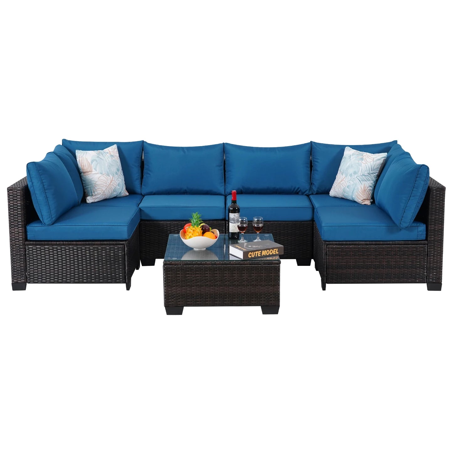 Naga Bahna 7 Piece Outdoor Patio Furniture Sectional Sofa PE Rattan Wicker Conversation Set with Thick Cushions