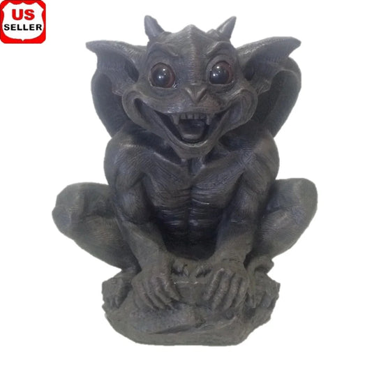 Gargoyle Statue with Solar Red Eyes Outdoor Decor Weatherproof Resin Garden Sculpture Collectible Family Piece