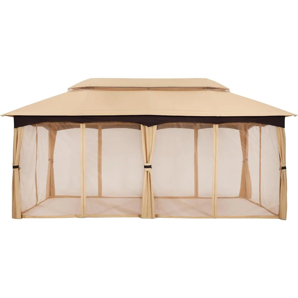 Outdoor Gazebo With Steel Frame And Netting Walls Beige