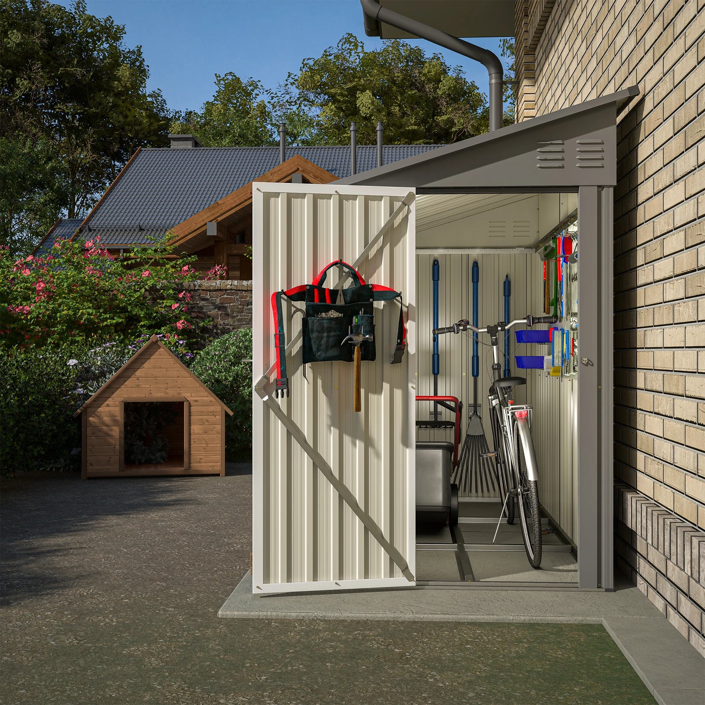 LZBEITEM 4 Feet x 8 Feet Metal Wall Side Storage Shed Outdoor Garden Storage Cabinet Grey