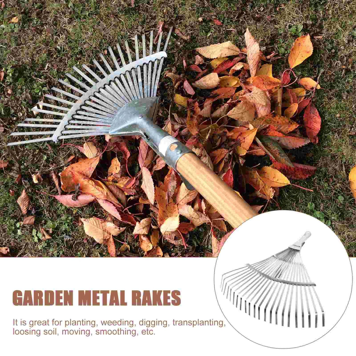 Stainless Steel Telescopic Handle Landscape Rake Carbon Grass Wire Wooden Gardening for Adjustable Remover Tool Leaves