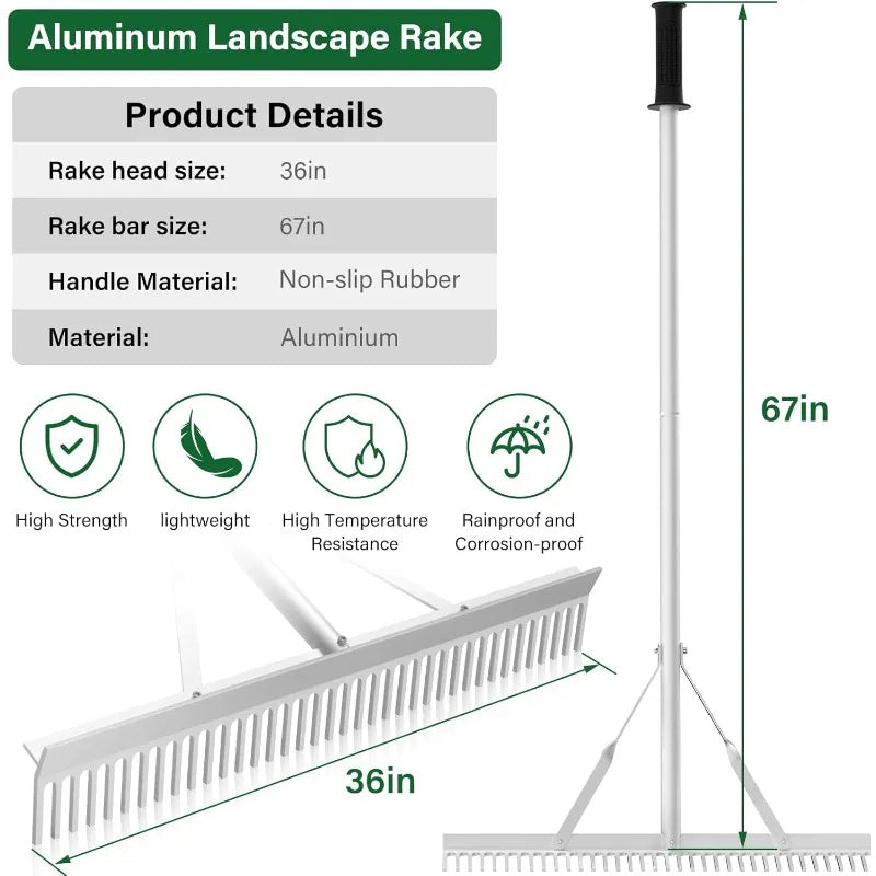Aluminum Landscape Rake 36 Inch Head 67 Inch Handle