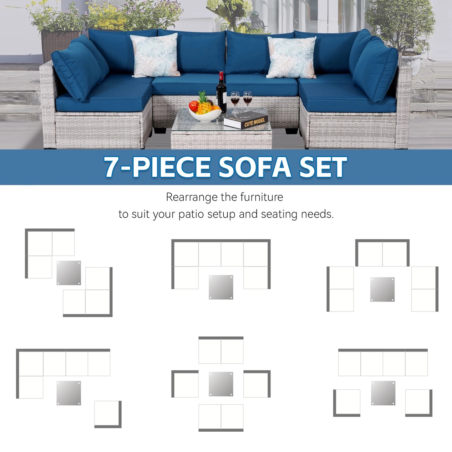 Naga Bahna 7 Piece Outdoor Patio Furniture Sectional Sofa PE Rattan Wicker Conversation Set with Thick Cushions