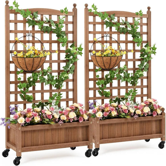 Yaheetech 2 Piece 50 Inch High Raised Garden Bed with Trellis and Wheels Standing Vertical Horticulture Planter Box for Vine Climbing Plants