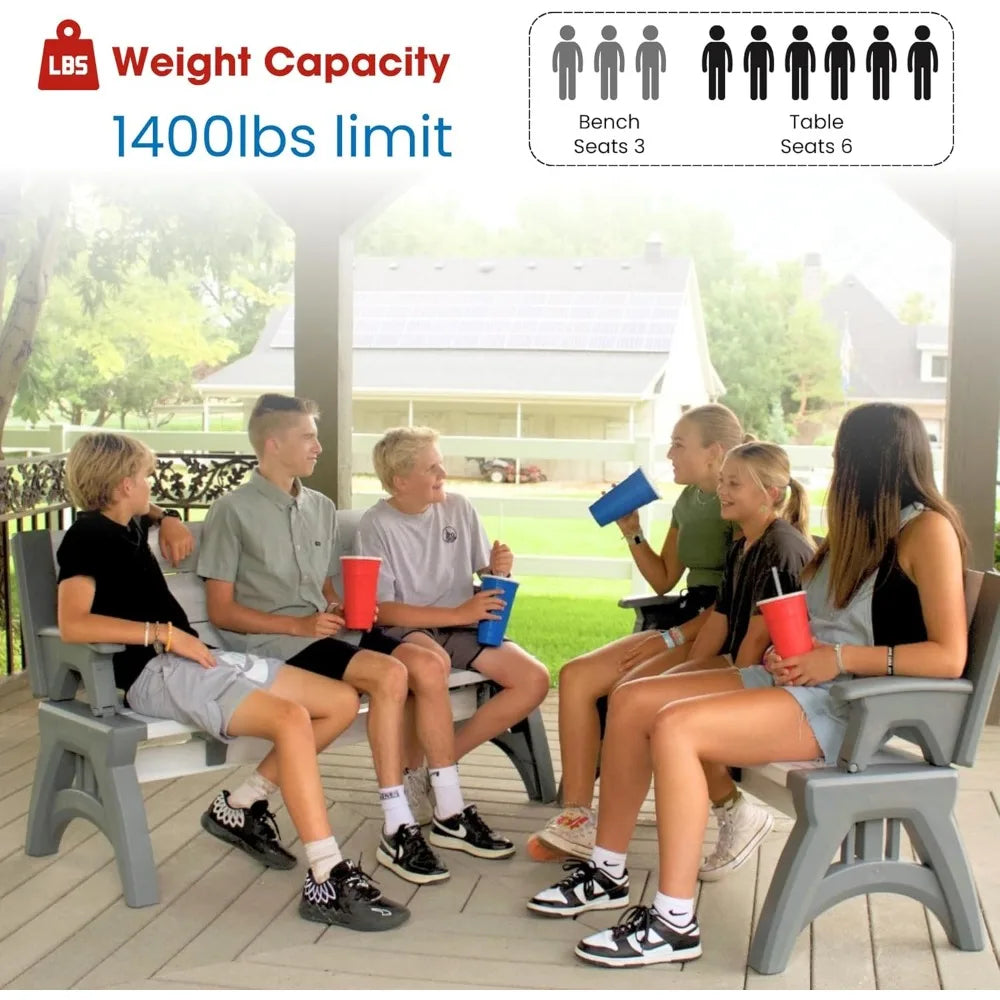 2 in 1 Outdoor Bench and Picnic Table Foldable Weather Resistant Seating for Patio Lawn Garden or Deck Durable Vinyl Construction