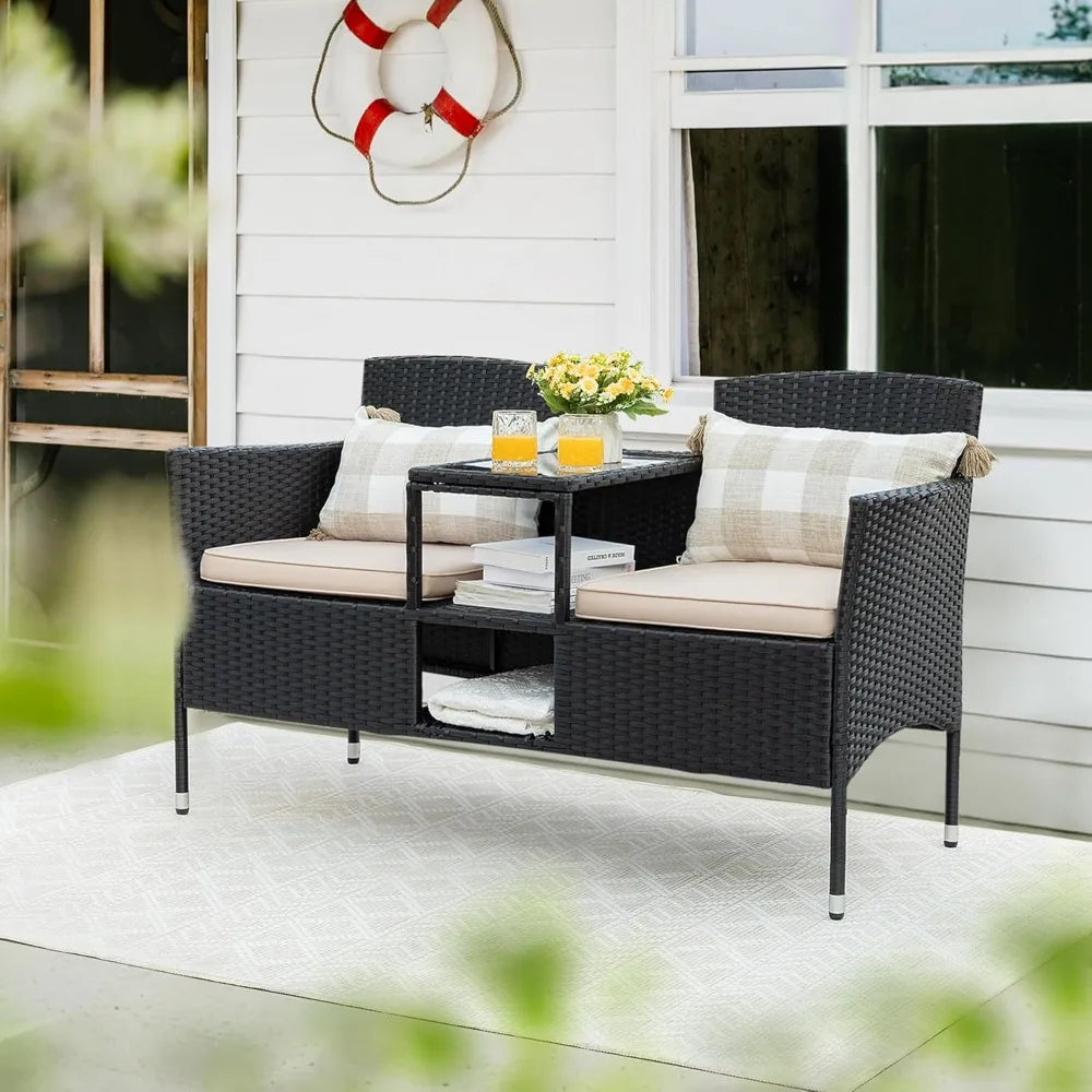 Outdoor Furniture Patio Loveseat Wicker 2 Seat with Built in Table and Cushions Rattan Porch Chairs Bench for Balcony Lawn Backyard Beige