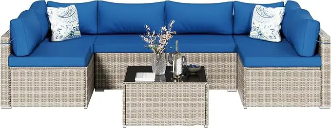 7 Piece Outdoor Furniture Sofa Set with Waterproof Cushions and Tempered Glass Coffee Table 2 Pillows