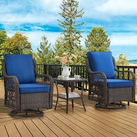 3 Piece Outdoor Patio Set Wicker Rocking Bistro Set with 2 Swivel Chairs and Tempered Glass Top Table Rattan Outdoor Furniture