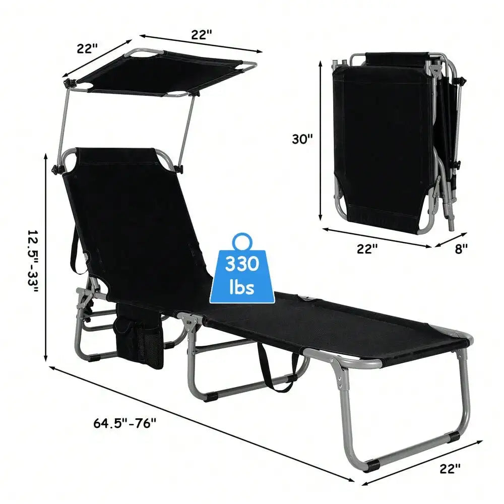 Foldable Lounge Chair Adjustable Outdoor Beach Patio Pool Recliner Black W/ Sun