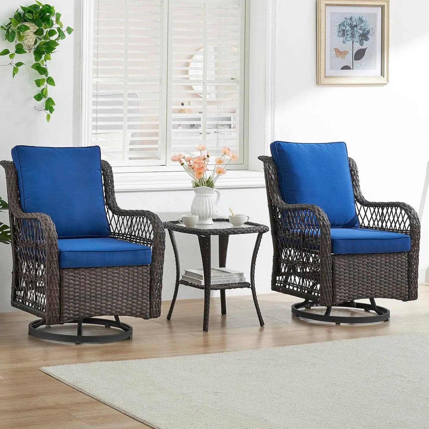 3 Piece Outdoor Patio Set Wicker Rocking Bistro Set with 2 Swivel Chairs and Tempered Glass Top Table Rattan Outdoor Furniture