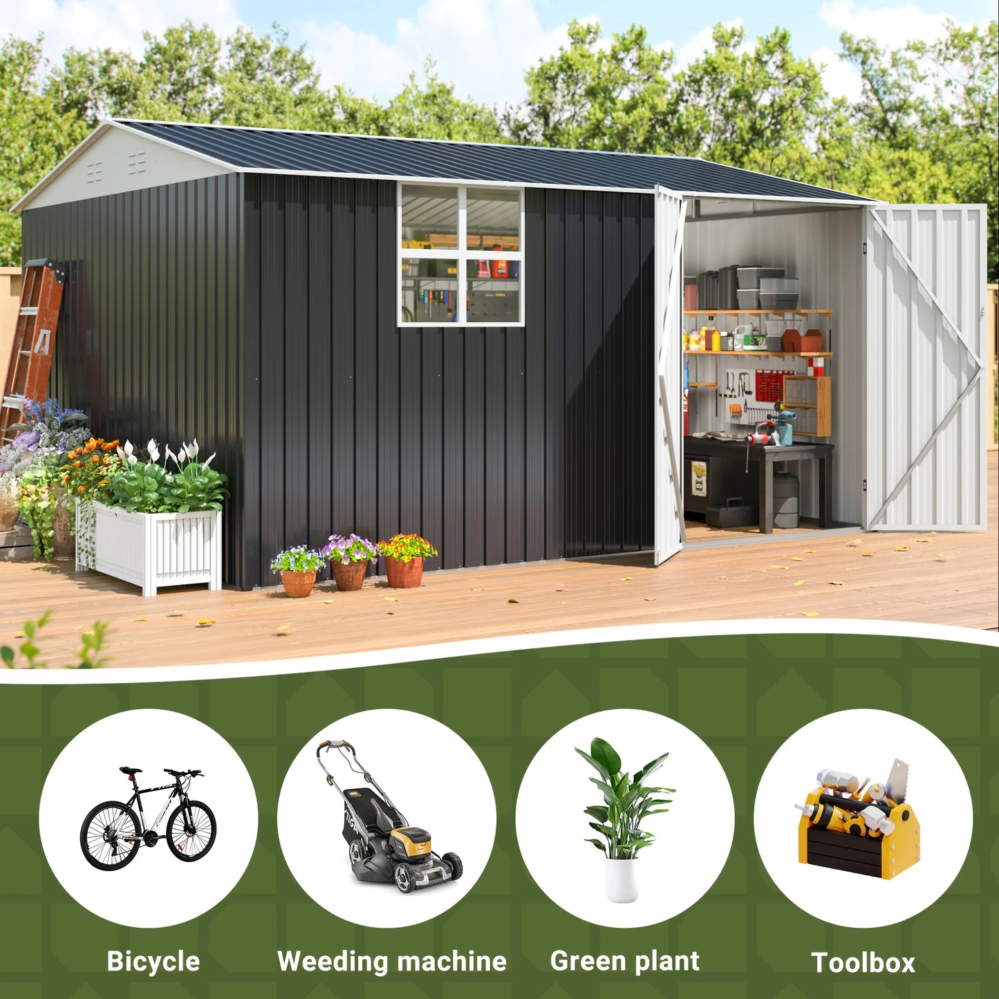 Polar Aurora 10x12Ft Outdoor Metal Shed Windows Lockable