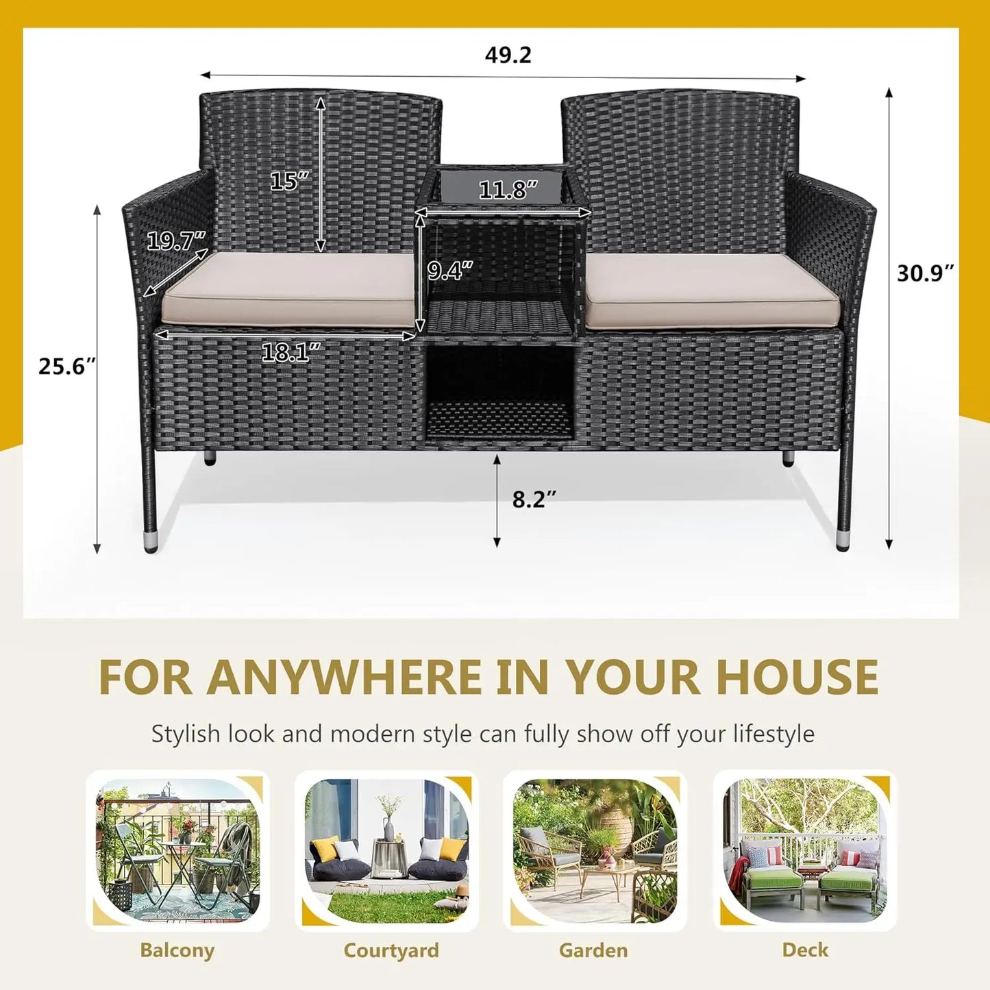 Outdoor Furniture Patio Loveseat Wicker 2-Seat with Built-in Table and Cushions Rattan Porch Chairs Bench for Balcony Lawn Backyard Beige