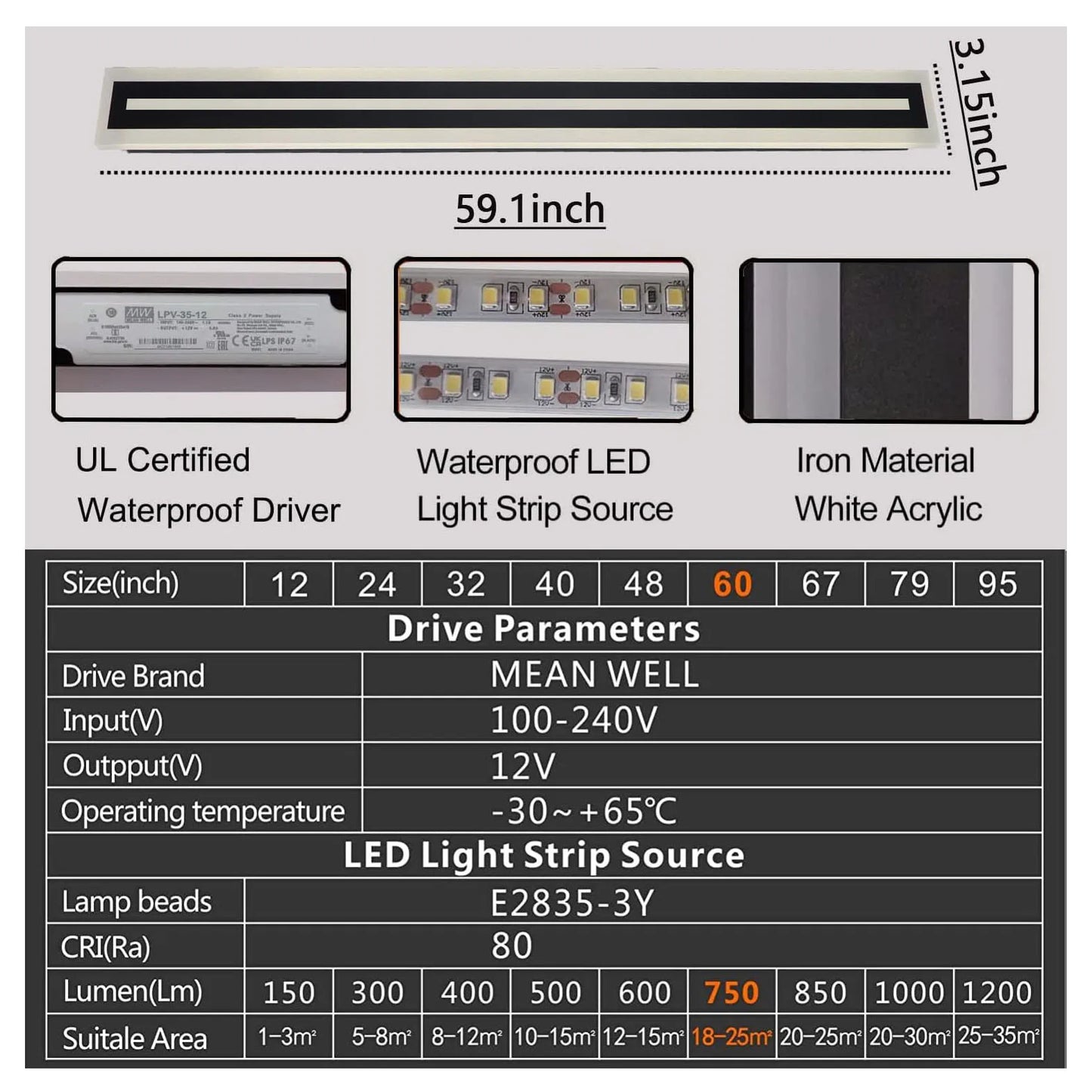 Outdoor Long Strip Frosted Acrylic LED Wall Sconce IP67