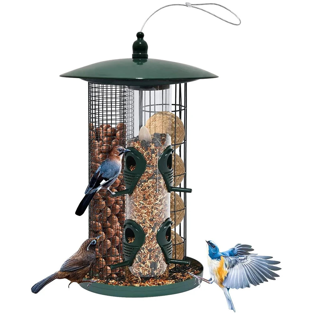 3-in-1 Metal Hanging Bird Feeder with 3 Feeding Ports Perches Bird Food Holder Weatherproof Tube Feeder Wild Birds Outdoor Use
