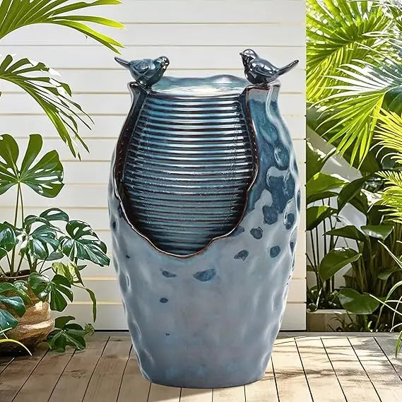 39 Inch Tall Outdoor Fountain With Led Lights Ceramic Vase
