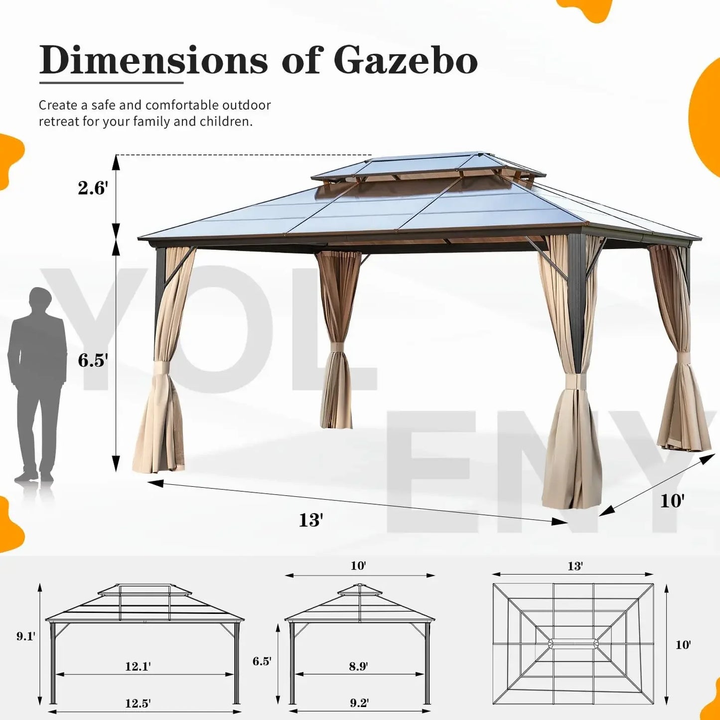 10x13 Hardtop Gazebo Outdoor Polycarbonate Double Roof