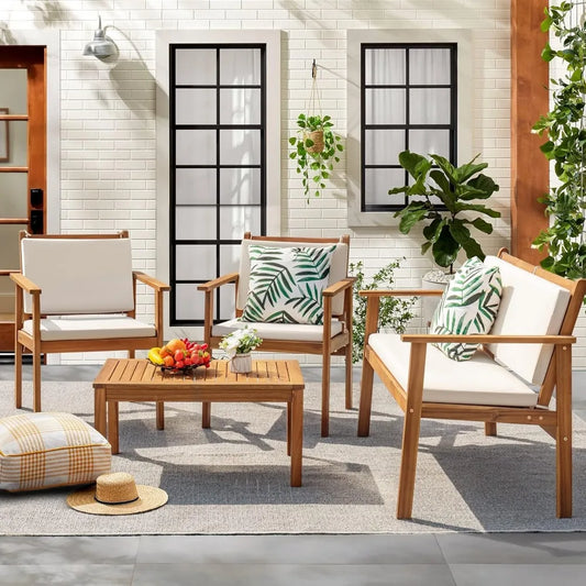 Patio Furniture 4 Piece Outdoor Acacia Wood Conversation Sofa Set with Table and Cushions for Deck and Balcony