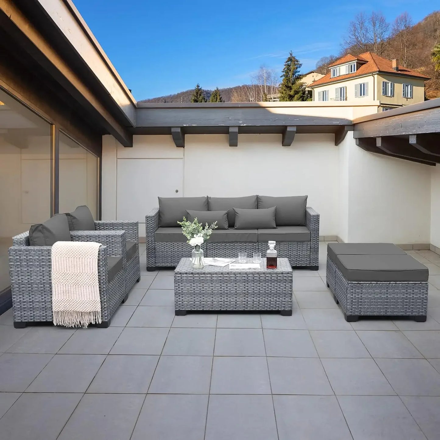 6 Pieces Wicker Patio Furniture Set Outdoor Conversation Set PE Rattan Sectional Sofa Couch with Storage Table and Grey Cushions
