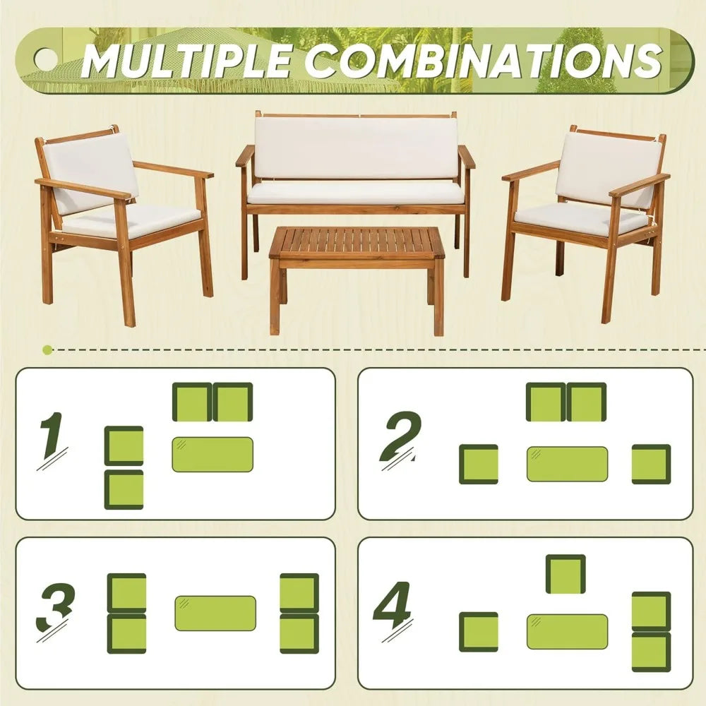 Patio Furniture 4 Piece Outdoor Acacia Wood Conversation Sofa Set with Table and Cushions for Deck and Balcony