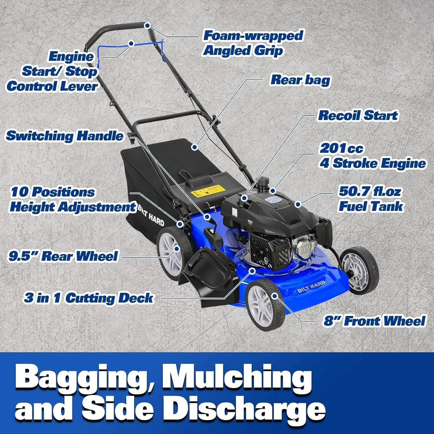 21 Inch Gas Powered Lawn Mower 201cc Engine 3 In 1 Bagging