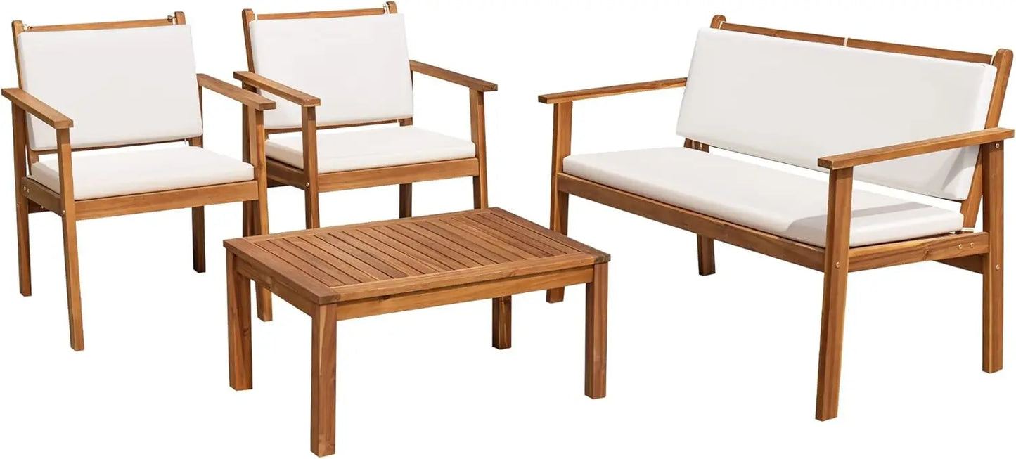 Patio Furniture 4 Piece Outdoor Acacia Wood Conversation Sofa Set with Table and Cushions for Deck and Balcony