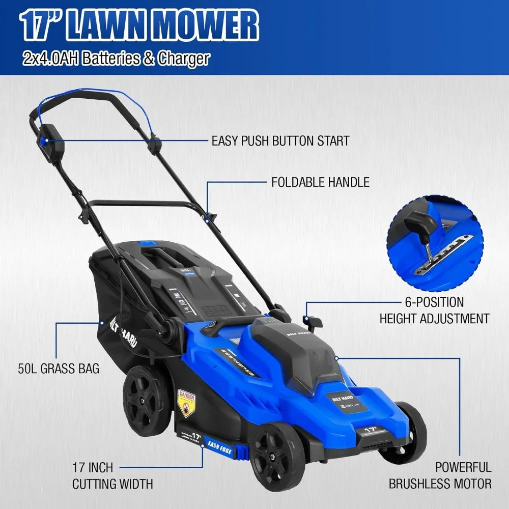 40V 17" Brushless Cordless Lawn Mower, 2-in-1 Electric Lawn Mower, Push Lawnmower with 6-Position Height Adjustment, 2 x 4.0Ah