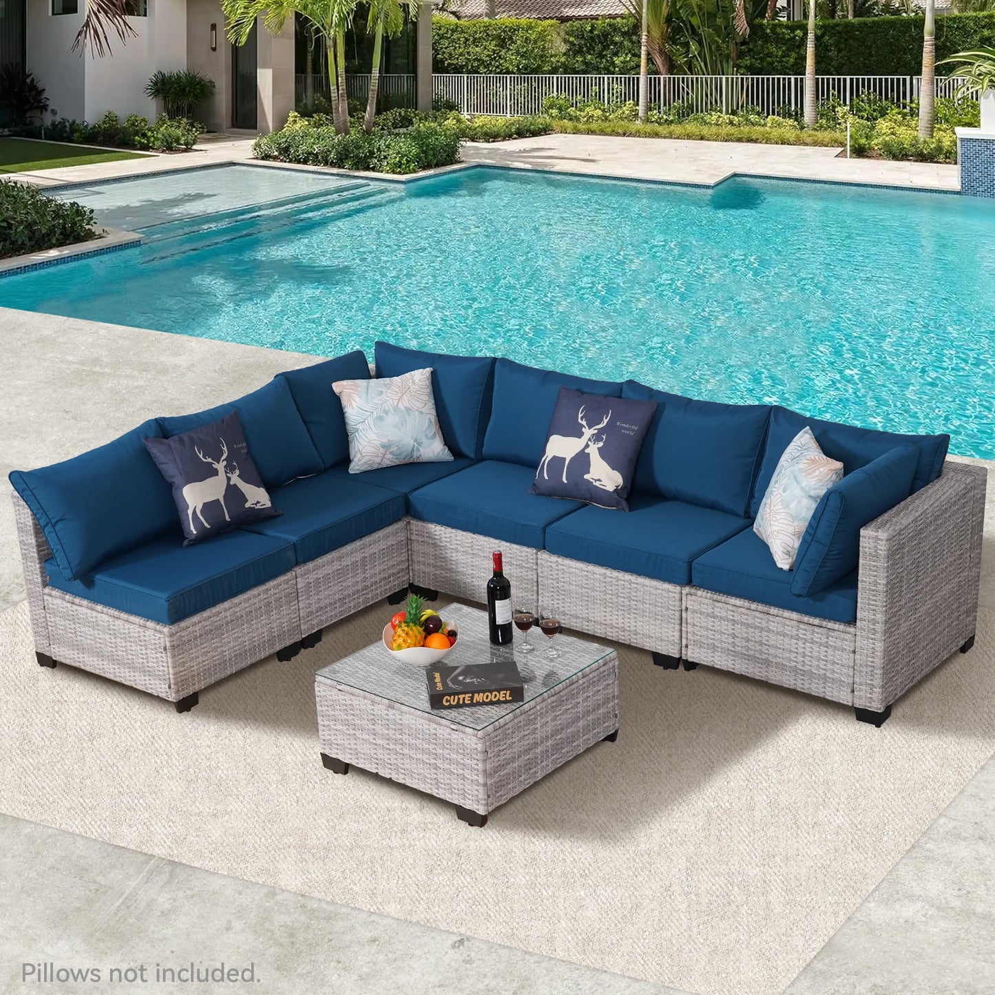Naga Bahna 7 Piece Outdoor Patio Furniture Sectional Sofa PE Rattan Wicker Conversation Set with Thick Cushions