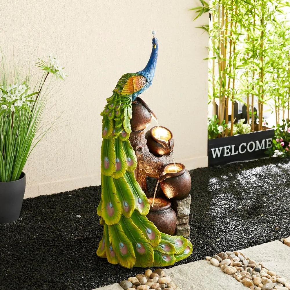 4-Tier Oversized Peacock Sculpture with Jars Outdoor Water Fountain with LED Light, Resin Peacock Statue Waterfall Fountain wit