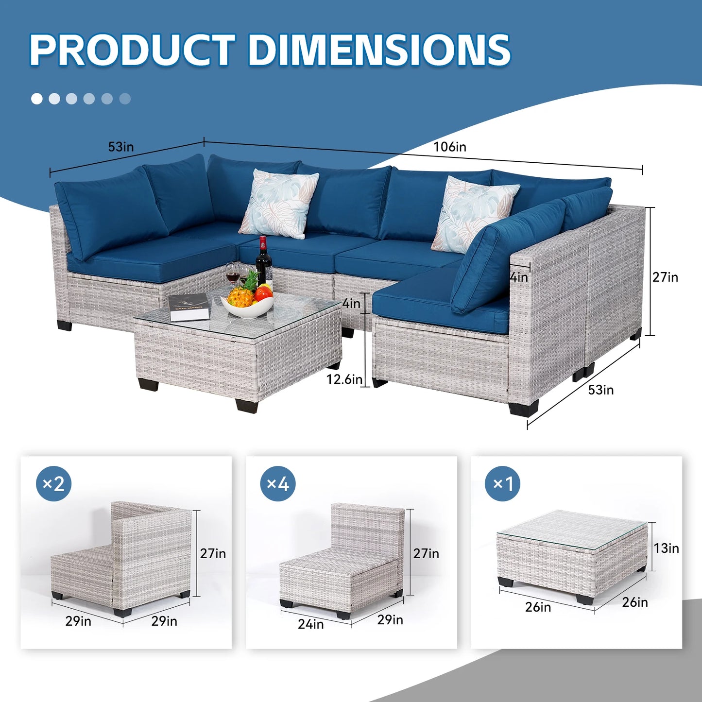 Naga Bahna 7 Piece Outdoor Patio Furniture Sectional Sofa PE Rattan Wicker Conversation Set with Thick Cushions
