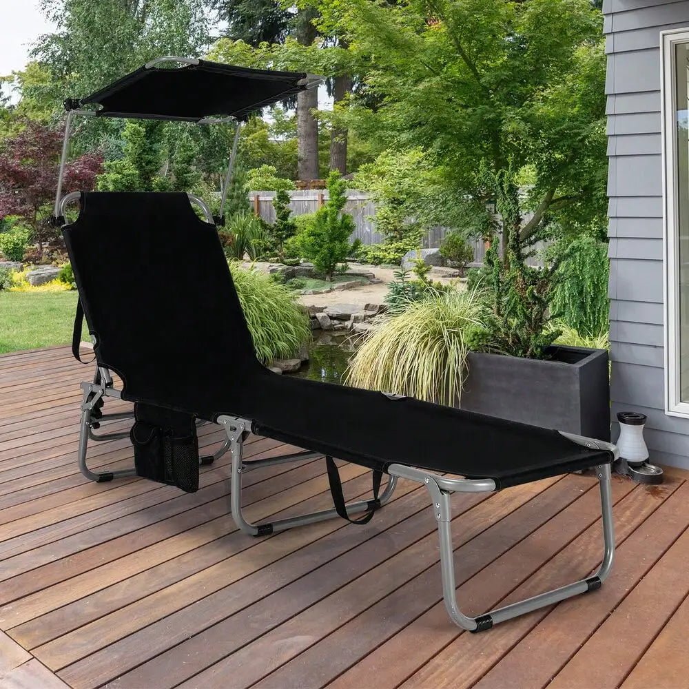 Foldable Lounge Chair Adjustable Outdoor Beach Patio Pool Recliner Black W/ Sun