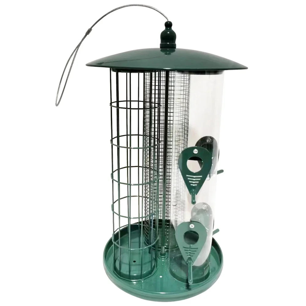 3-in-1 Metal Hanging Bird Feeder with 3 Feeding Ports Perches Bird Food Holder Weatherproof Tube Feeder Wild Birds Outdoor Use