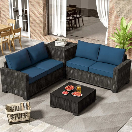 Patio Furniture Set 4 Piece Rattan With Glass Table Storage