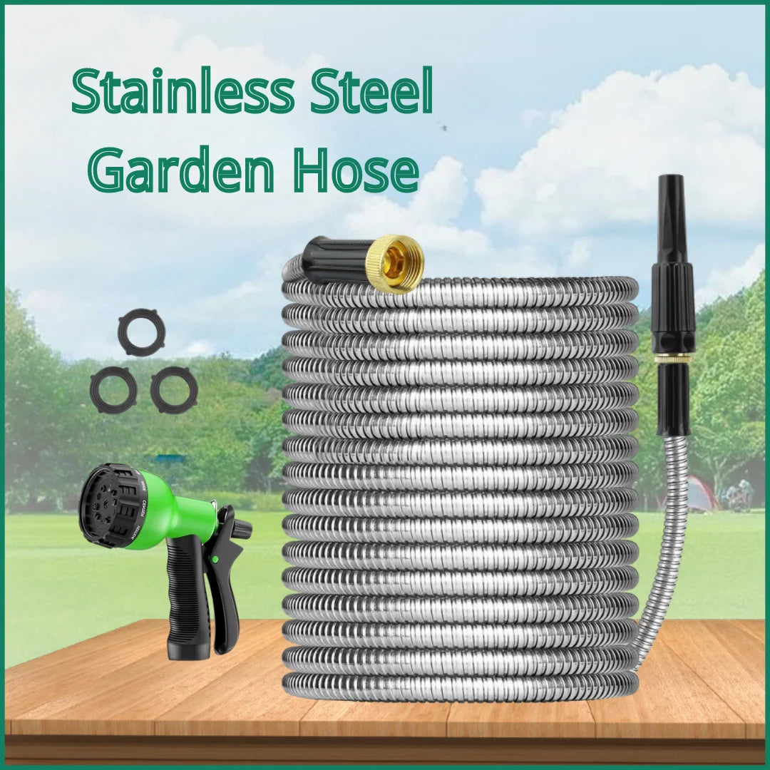 100FT 304 Stainless Steel Heavy Duty Garden Hose with Nozzles Flexible Never Kink and Tangle