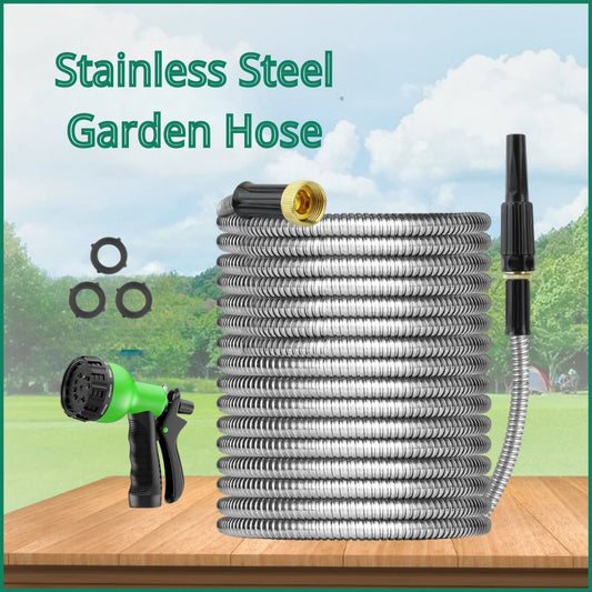100FT 304 Stainless Steel Heavy Duty Garden Hose with Nozzles Flexible Never Kink and Tangle