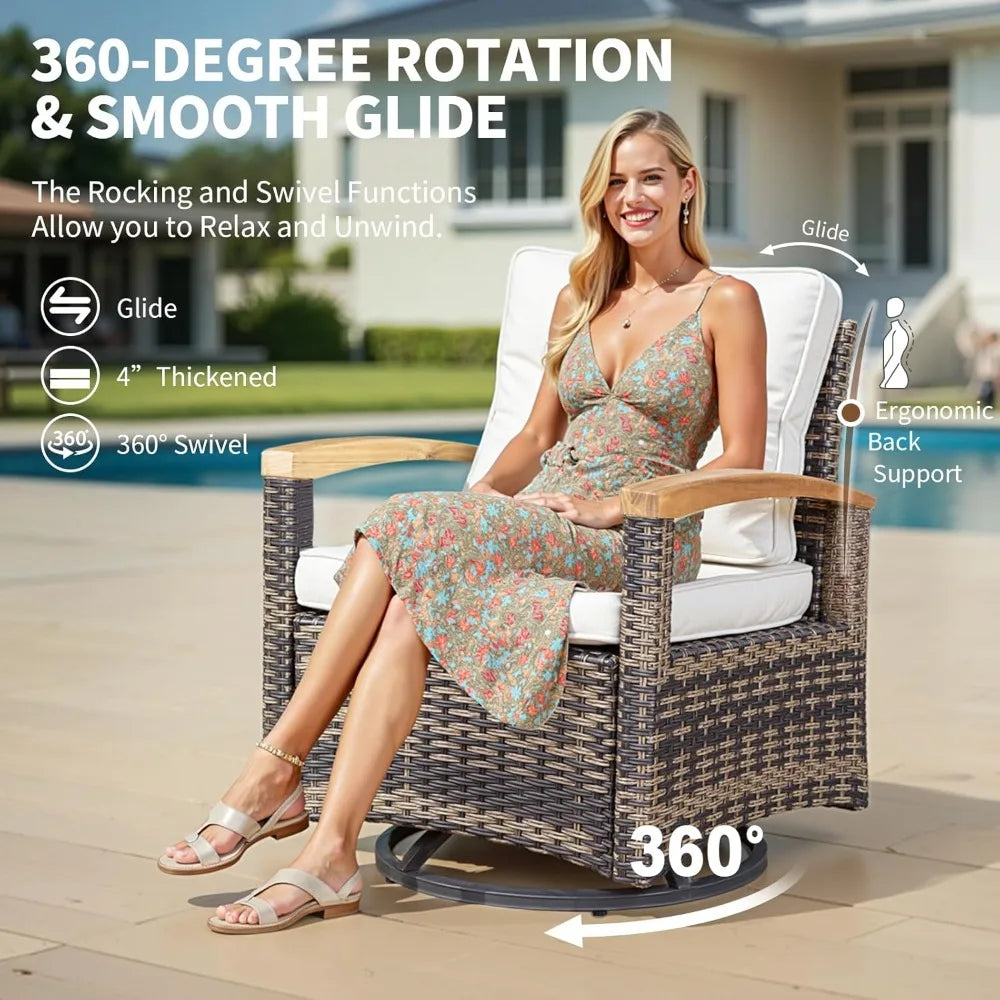 7 Pieces Patio Furniture Set PE Wicker Outdoor Conversation Set with 2 Swivel Rocker Chairs and Wood Armrests