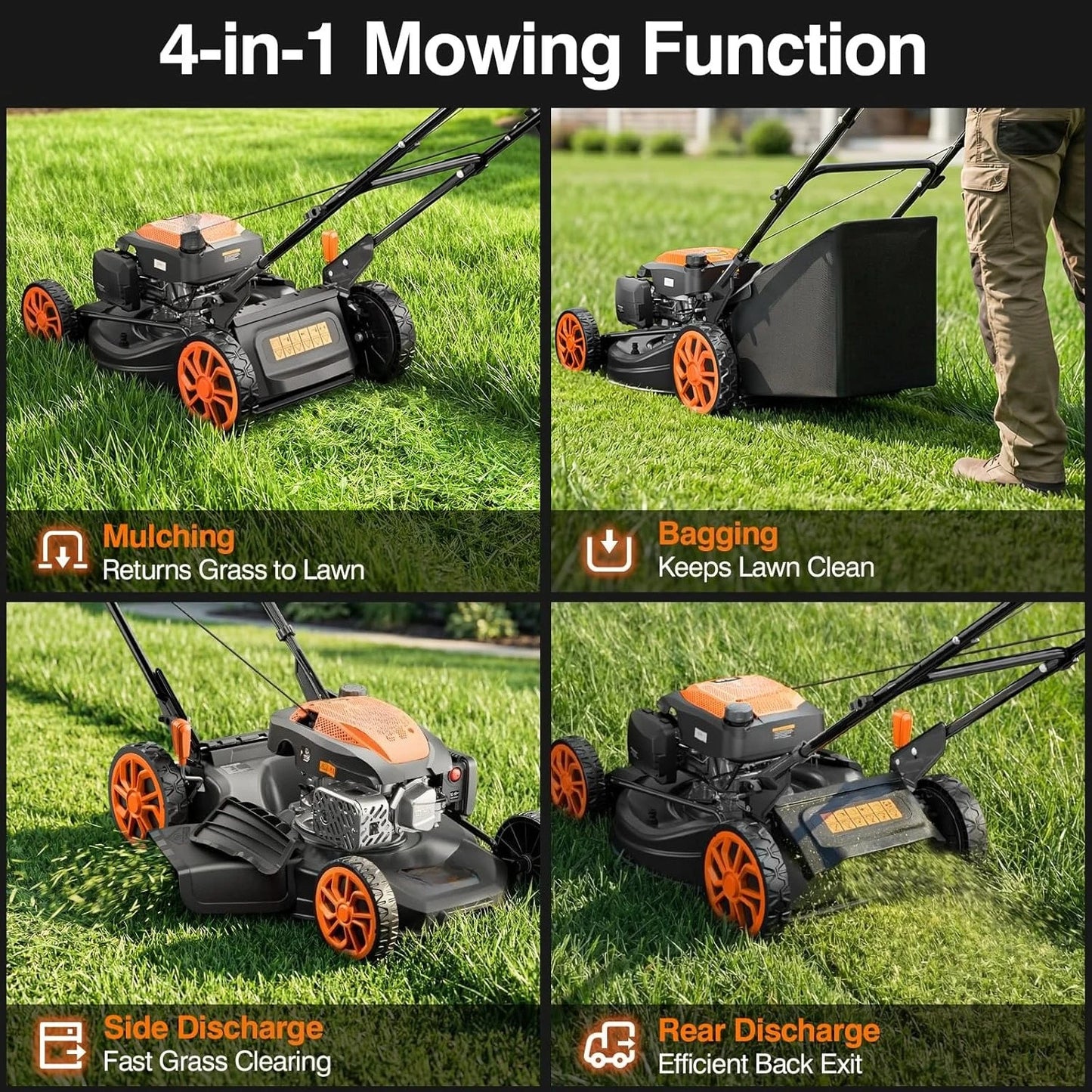21 Inch Self Propelled Gas Lawn Mower 170cc 4 In 1 Mulch Rear Bag Side Discharge