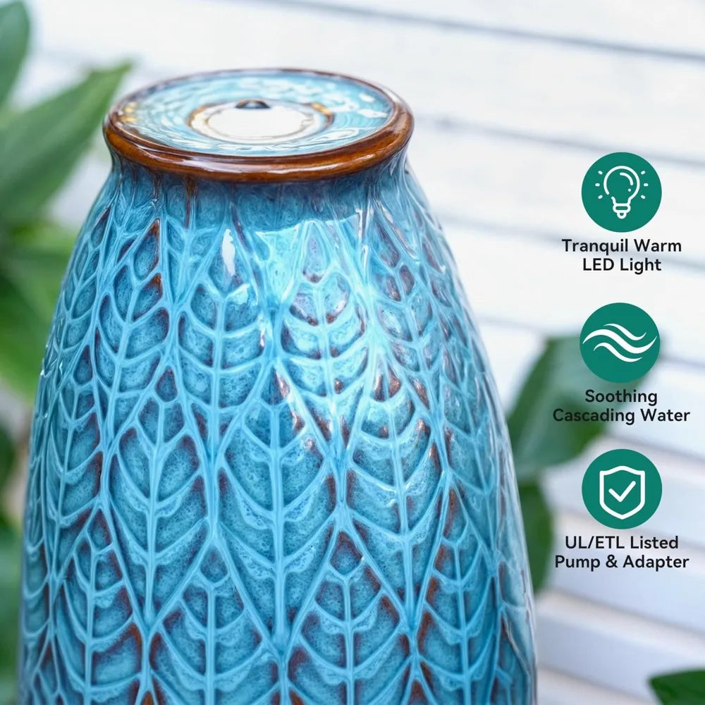 39 Inch Tall Outdoor Fountain With Led Lights Ceramic Vase