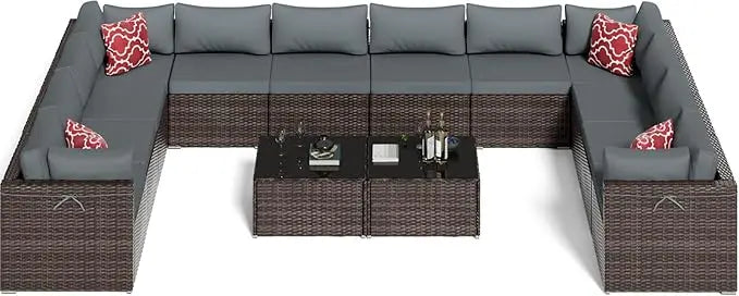 7 Piece Outdoor Furniture Sofa Set with Waterproof Cushions and Tempered Glass Coffee Table 2 Pillows