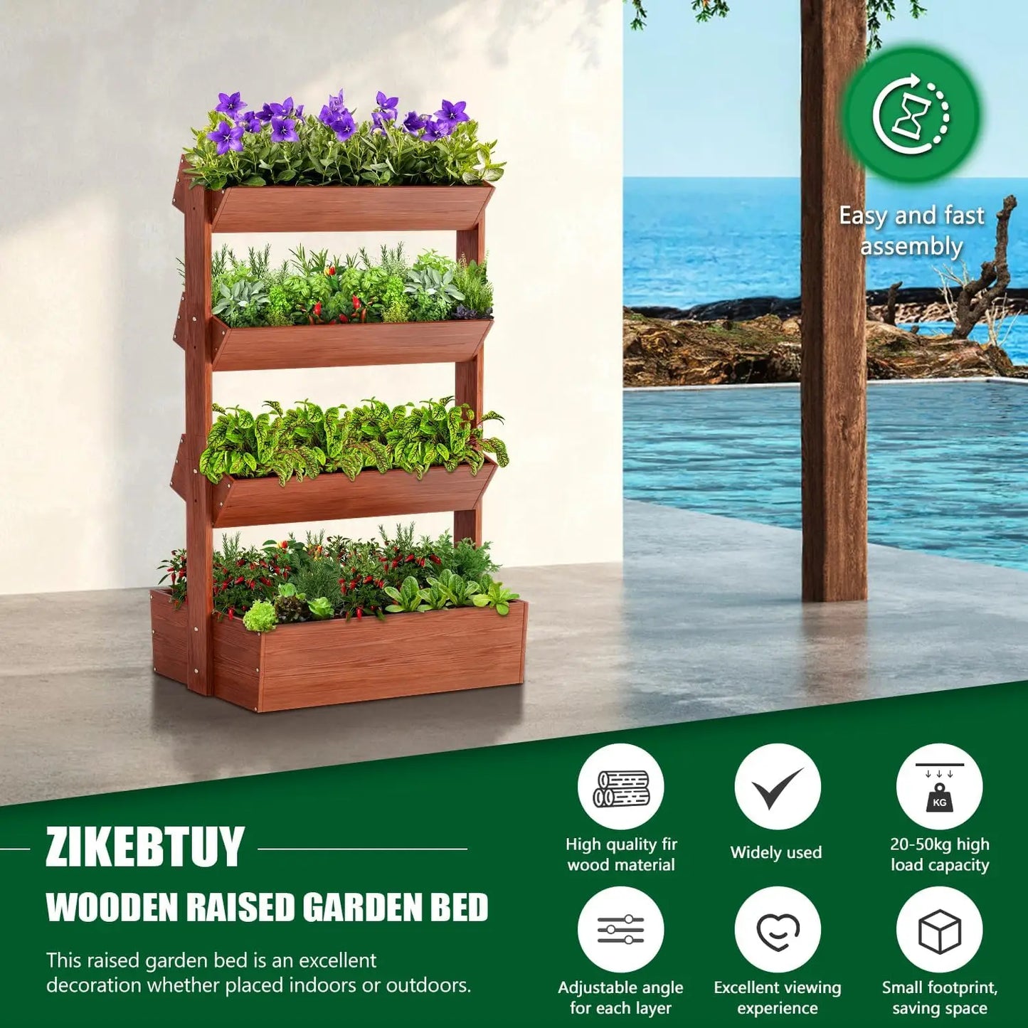 4 Tier Vertical Wooden Raised Garden Bed Planter Tower