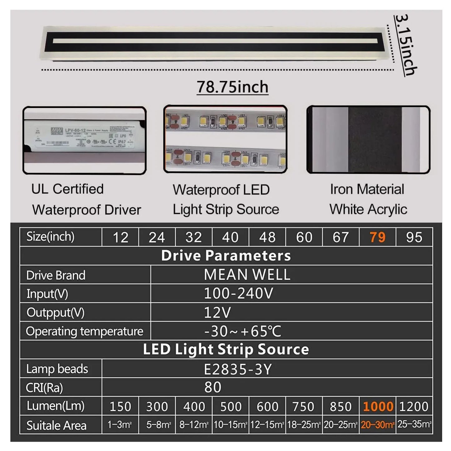 Outdoor Long Strip Frosted Acrylic LED Wall Sconce IP67