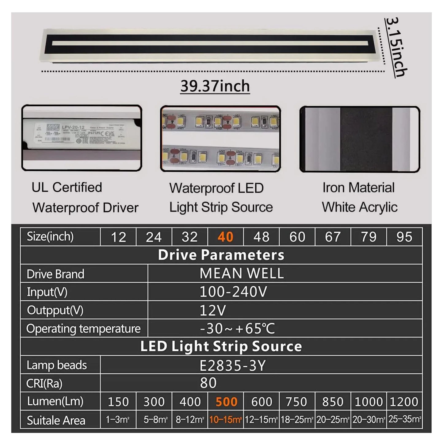 Outdoor Long Strip Frosted Acrylic LED Wall Sconce IP67