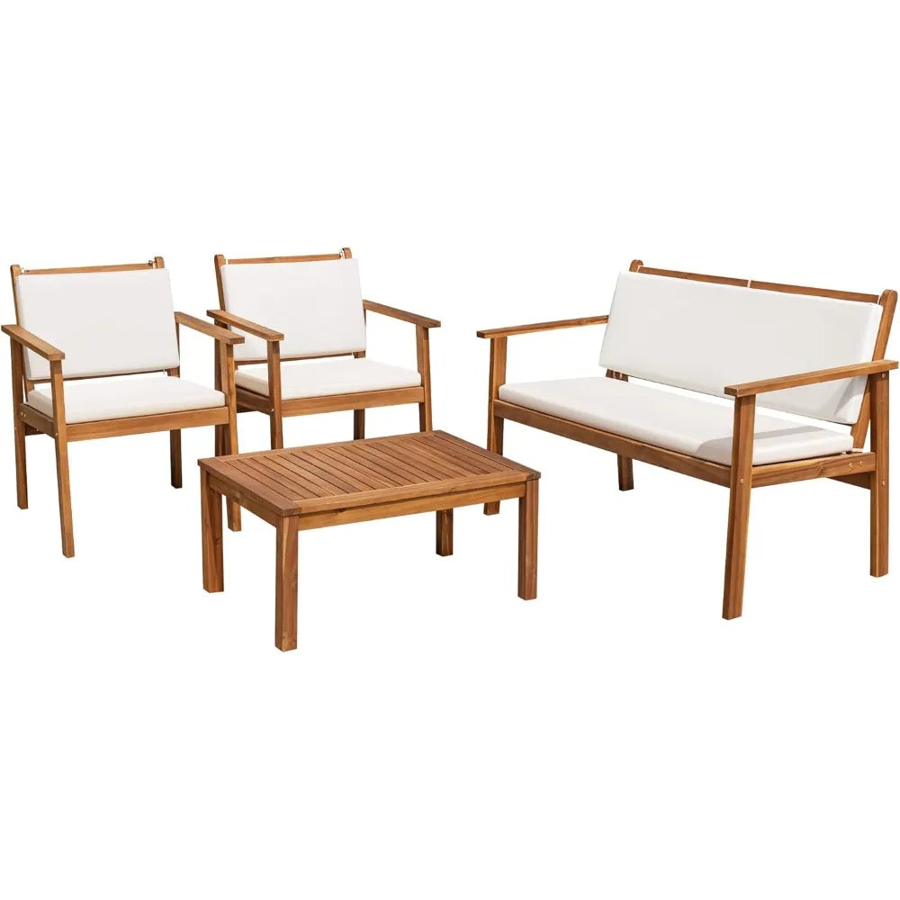 Patio Furniture 4 Piece Outdoor Acacia Wood Conversation Sofa Set with Table and Cushions for Deck and Balcony