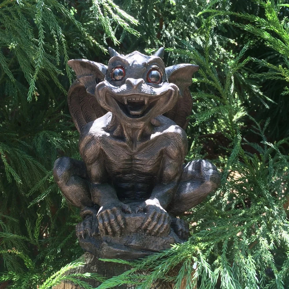 Gargoyle Statue with Solar Red Eyes Outdoor Decor Weatherproof Resin Garden Sculpture Collectible Family Piece