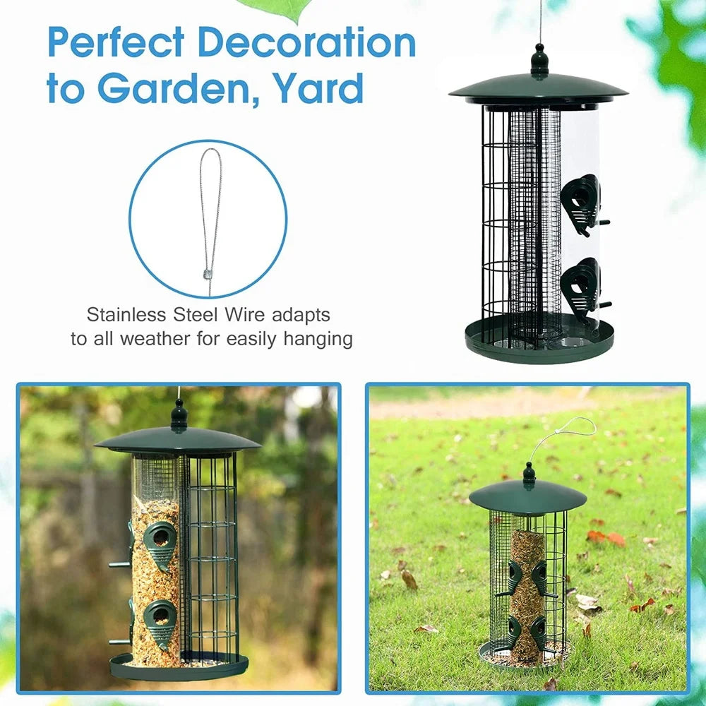 3-in-1 Metal Hanging Bird Feeder with 3 Feeding Ports Perches Bird Food Holder Weatherproof Tube Feeder Wild Birds Outdoor Use