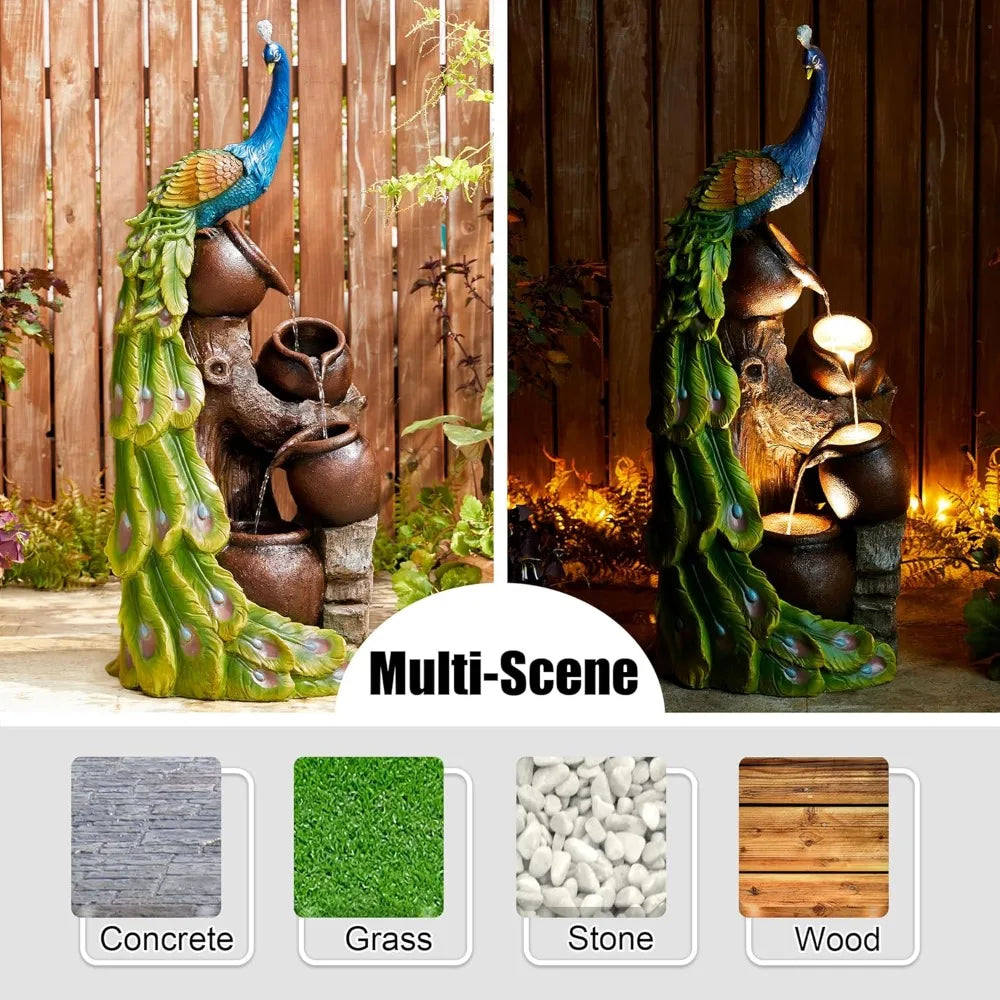 4-Tier Oversized Peacock Sculpture with Jars Outdoor Water Fountain with LED Light, Resin Peacock Statue Waterfall Fountain wit