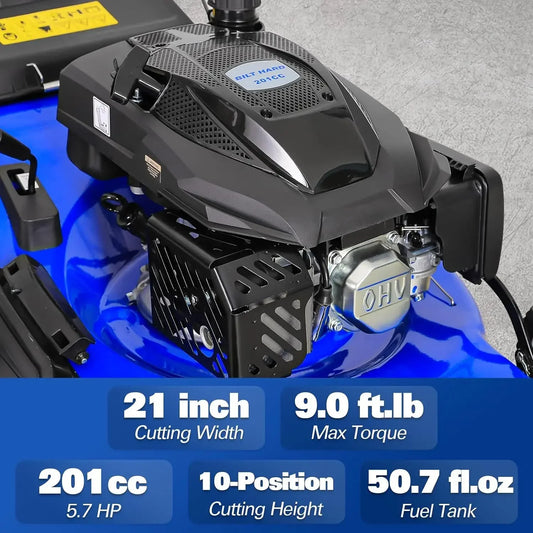21 Inch Gas Powered Lawn Mower 201cc Engine 3 In 1 Bagging