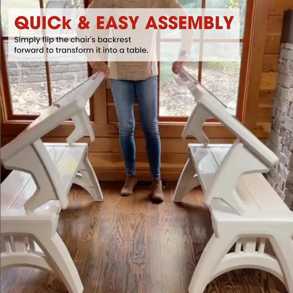 2 in 1 Outdoor Bench and Picnic Table Foldable Weather Resistant Seating for Patio Lawn Garden or Deck Durable Vinyl Construction