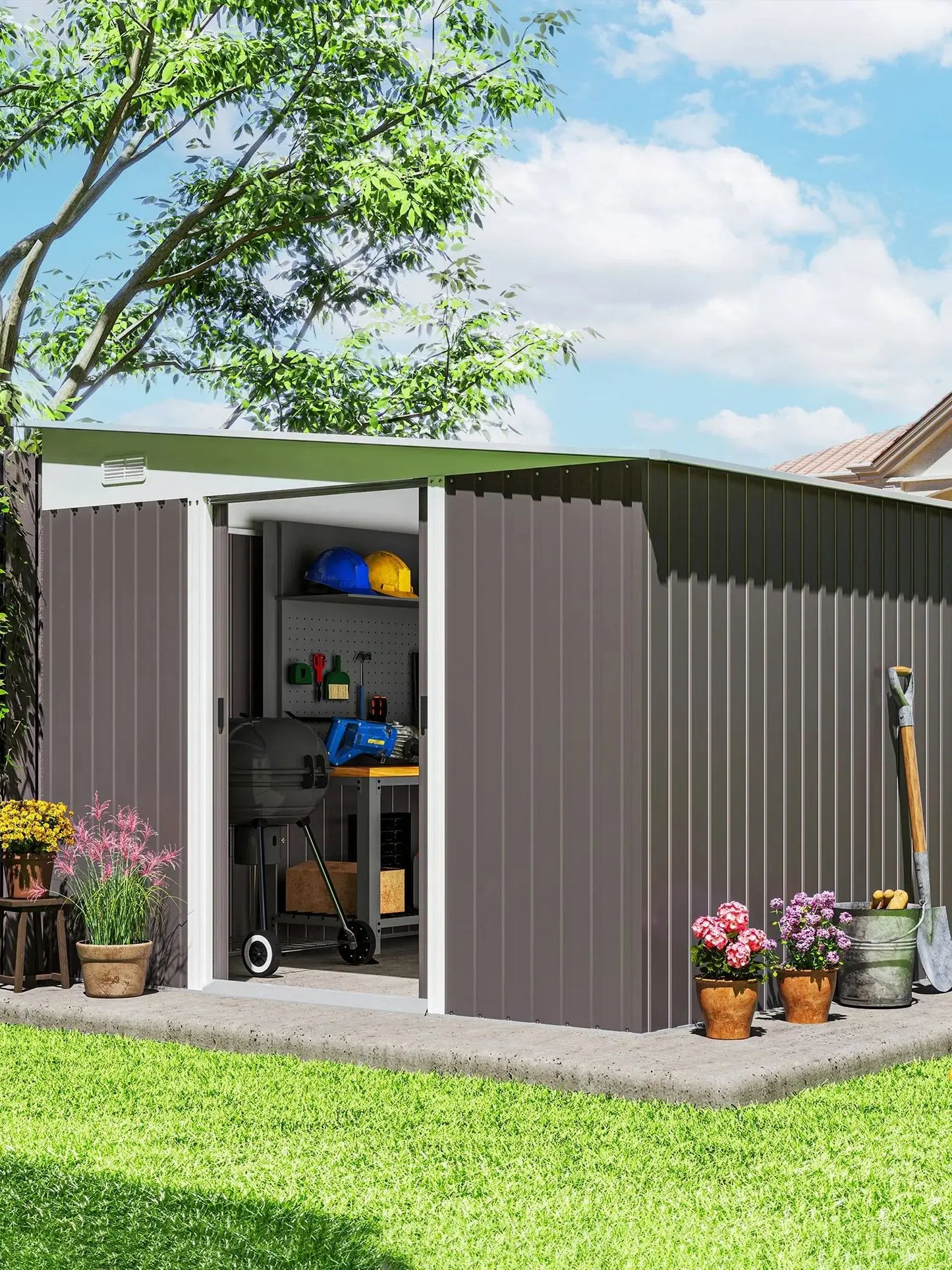 11x9 Ft Metal Outdoor Storage Shed With Lockable Doors Gray