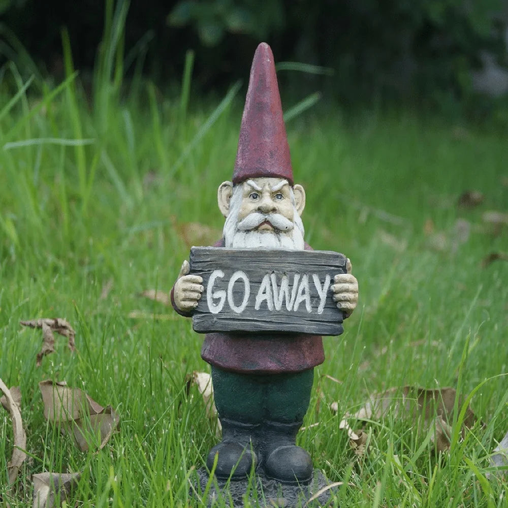 Gnome Statue Holding Go Away Sign Polyresin Garden Decor