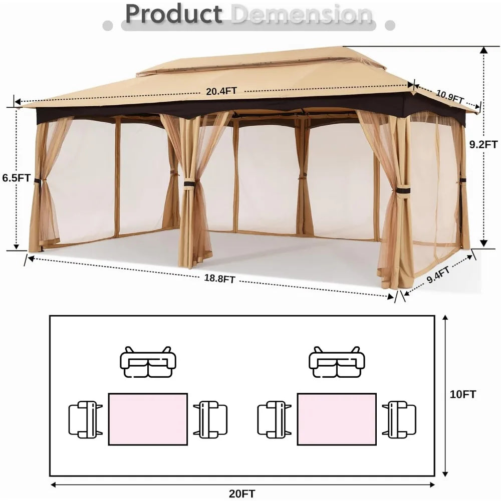 Outdoor Gazebo With Steel Frame And Netting Walls Beige